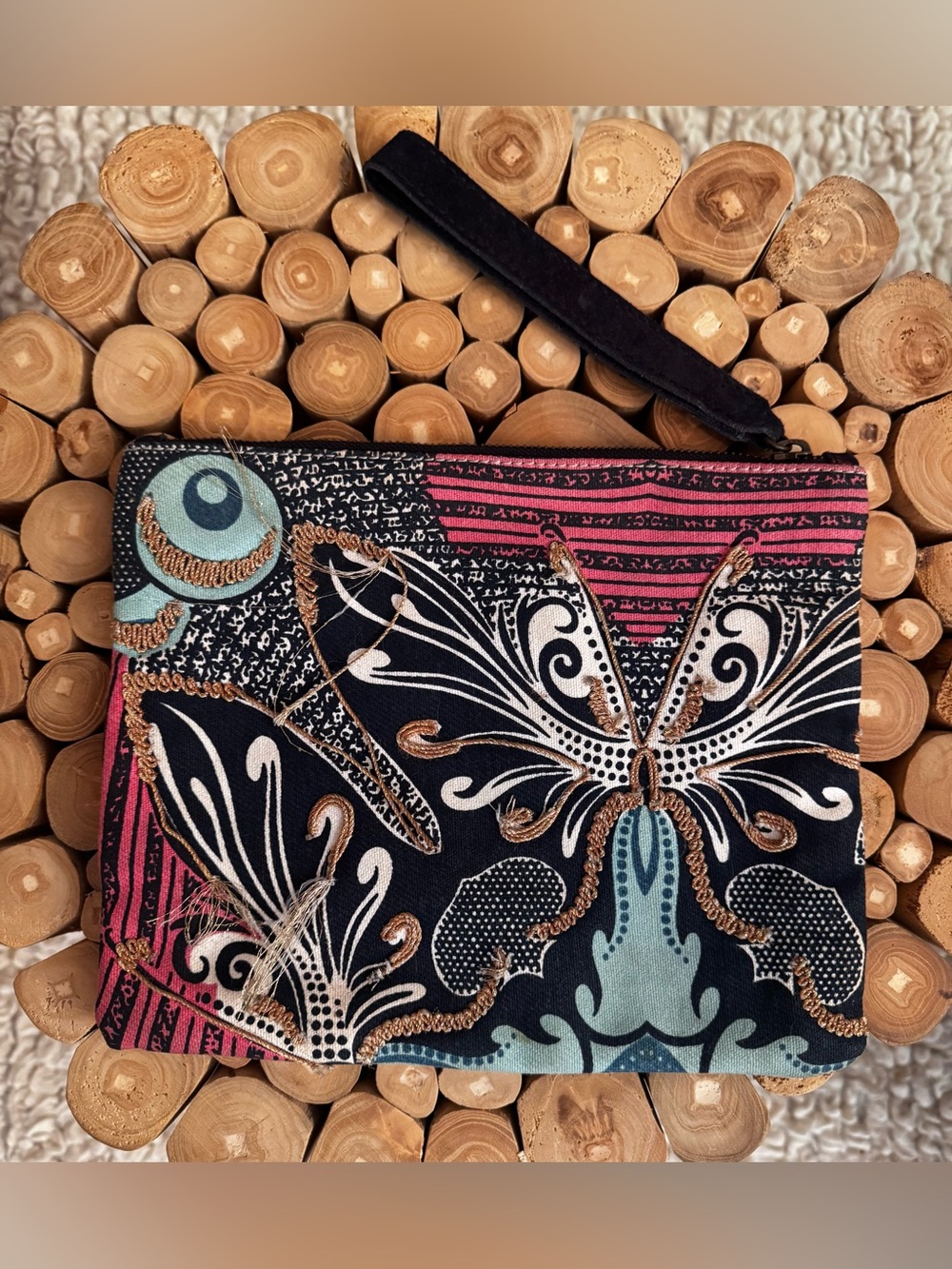Anthropologie Jasper & Jeera Boho Scrolling Design Leather Strap Wristlet 9”x8”